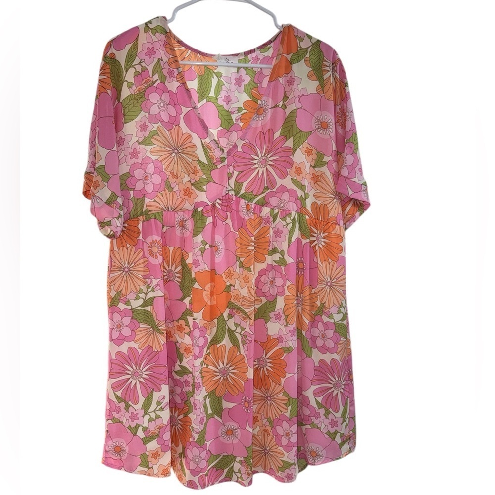 Emily Wonder Pink Floral Retro Dolman Sleeve Dress - Size Medium - Like New - Picture 2 of 7